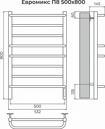 Евромикс П8 500х800 электро КС 9005 матовый ( new встроен диммер) Полотенцесушитель TERMINUS Тверь - фото 3